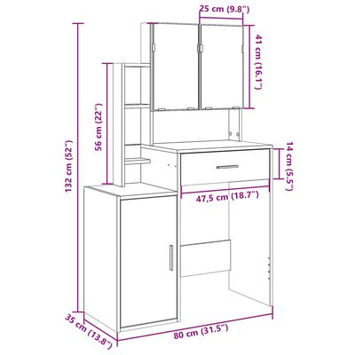 vidaXL sonoma tölgy színű fésülködőasztal szekrénnyel 80 x 35 x 132 cm