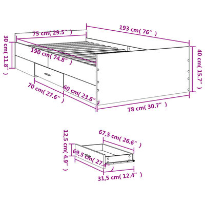 vidaXL sonoma tölgy színű szerelt fa ágykeret fiókokkal 75x 190 cm