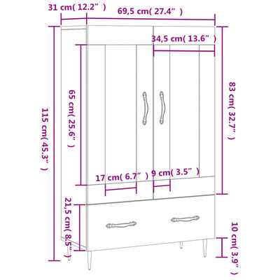 vidaXL füstös tölgy színű szerelt fa magasszekrény 69,5 x 31 x 115 cm