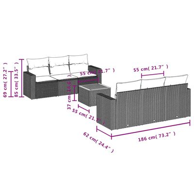 vidaXL 7 részes fekete polyrattan kerti ülőgarnitúra párnával