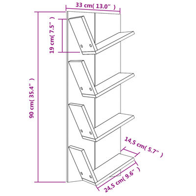 vidaXL 4 szintes fekete fali könyvespolc 33 x 16 x 90 cm