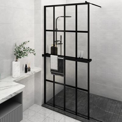 vidaXL fekete ESG üveg és alumínium zuhanyfal polccal 118 x 190 cm
