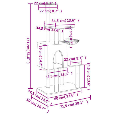 vidaXL krémszínű macskabútor szizál kaparófákkal 131 cm