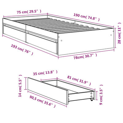 vidaXL fekete szerelt fa ágykeret fiókokkal 75x190 cm