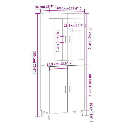 vidaXL fekete szerelt fa magasszekrény 69,5 x 34 x 180 cm