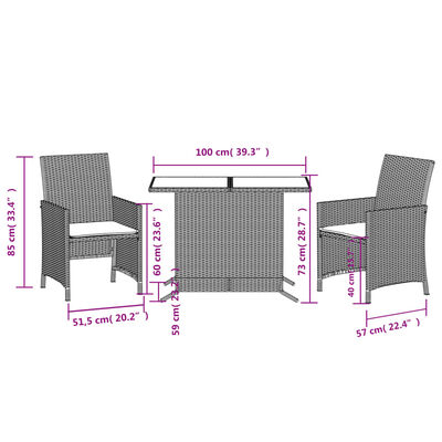 vidaXL 3 részes bézs polyrattan bisztrógarnitúra párnával