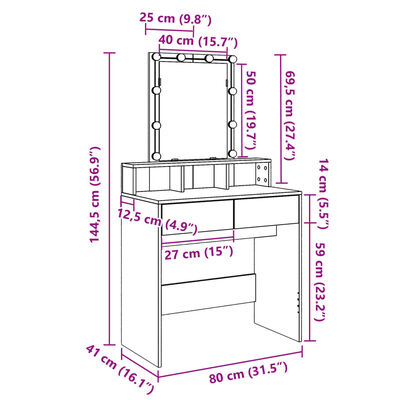 vidaXL sonoma tölgy színű fésülködőasztal LED-del 80 x 41 x 144,5 cm