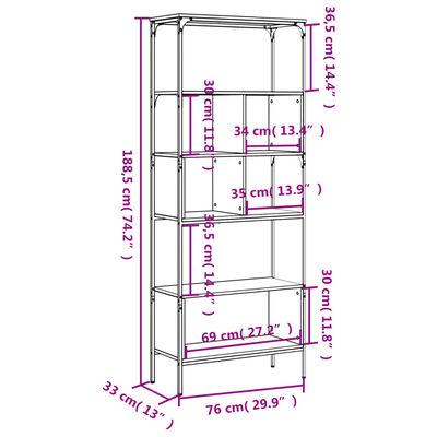 vidaXL 5 szintes barna tölgy szerelt fa könyvespolc 76 x 33 x 188,5 cm