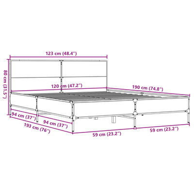 vidaXL füstös tölgy színű szerelt fa és fém ágykeret 120 x 190 cm