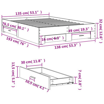 vidaXL fekete szerelt fa ágykeret fiókokkal 135 x 190 cm