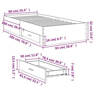 vidaXL sonoma tölgy színű szerelt fa ágykeret 90 x 200 cm