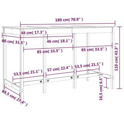 vidaXL mézbarna tömör fenyőfa bárasztal 180 x 80 x 110 cm