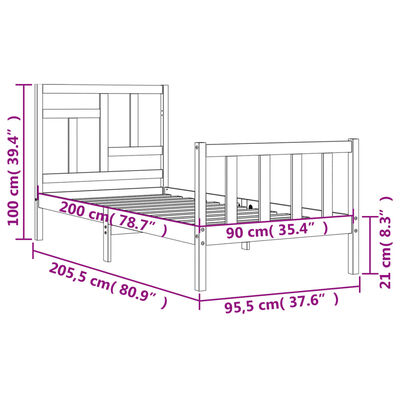 vidaXL fehér tömör fa ágykeret fejtámlával 90 x 200 cm