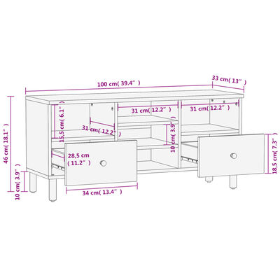 vidaXL fekete tömör mangófa TV-szekrény 100 x 33 x 46 cm