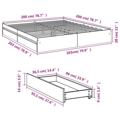 vidaXL füstös tölgy színű szerelt fa ágykeret fiókokkal 200 x 200 cm