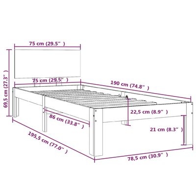 vidaXL Small Single fekete tömör fa ágykeret 75 x 190 cm