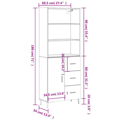 vidaXL füstös tölgy színű szerelt fa magasszekrény 69,5 x 34 x 180 cm