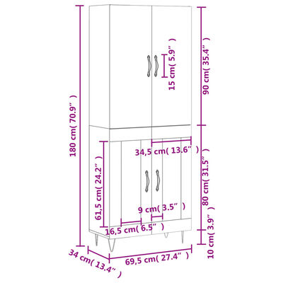 vidaXL magasfényű fehér szerelt fa magasszekrény 69,5 x 34 x 180 cm