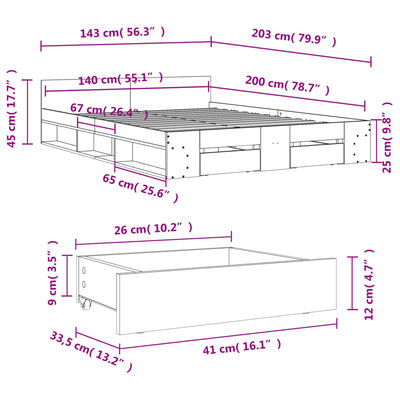 vidaXL sonoma tölgy színű szerelt fa ágykeret fiókokkal 140x200 cm