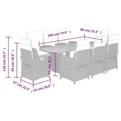 vidaXL 9 részes fekete polyrattan kerti étkezőgarnitúra párnákkal