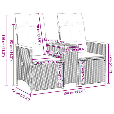 vidaXL 2 személyes szürke polyrattan dönthető kerti kanapé asztallal