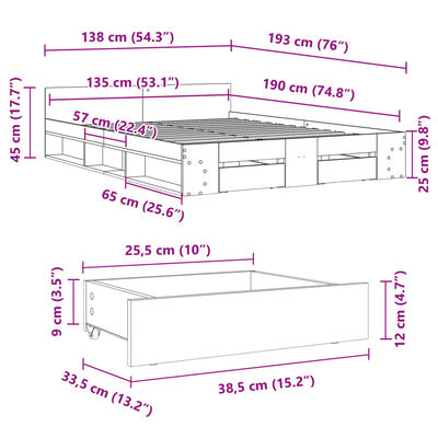 vidaXL sonoma tölgy színű szerelt fa ágykeret fiókokkal 135 x 190 cm