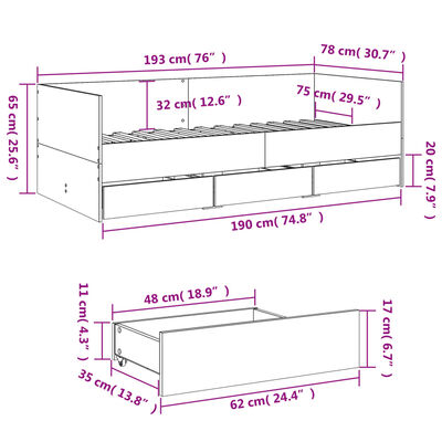 vidaXL barna tölgy kanapéágy fiókkal matrac nélkül 75x190 cm