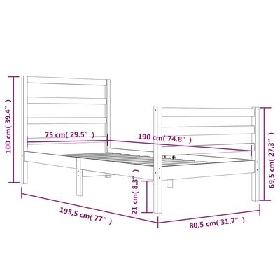 vidaXL Small Single fekete tömör fenyőfa ágykeret 75 x 190 cm