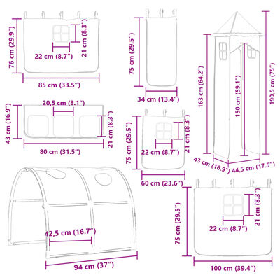 vidaXL fehér-fekete emeletes ágy csúszdával és függönnyel 80 x 200 cm