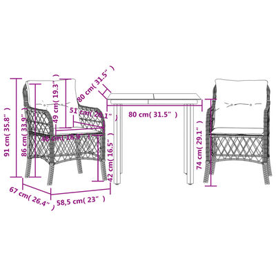 vidaXL 3 részes fekete polyrattan bisztrógarnitúra párnával