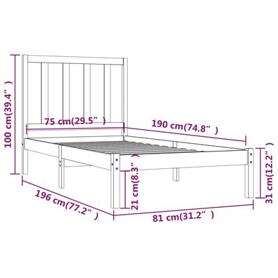 vidaXL Small Single mézbarna tömör fa ágykeret 75 x 190 cm