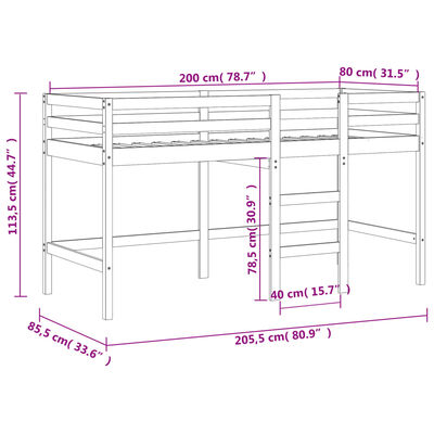 vidaXL fehér-fekete tömör fenyő gyerek galériaágy függönnyel 80x200 cm