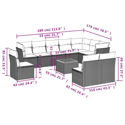 vidaXL 11 részes fekete polyrattan kerti ülőgarnitúra párnákkal