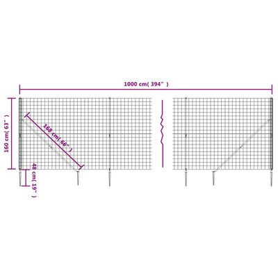 vidaXL antracitszürke dróthálós kerítés cövekekkel 1,6x10 m