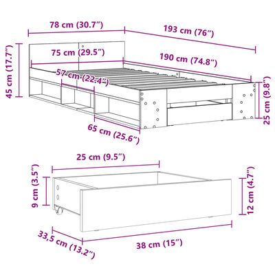 vidaXL barna tölgyszínű szerelt fa ágykeret 75 x 190 cm