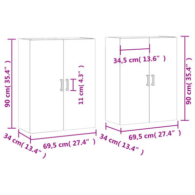 vidaXL 2 db szürke sonoma színű fali szekrény 69,5 x 34 x 90 cm