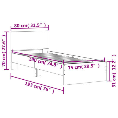 vidaXL szürke sonoma színű ágykeret fejtámlával és LED-ekkel 75x190 cm