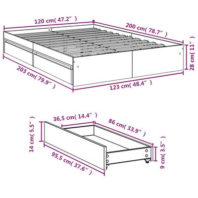 vidaXL szürke sonoma színű szerelt fa ágykeret fiókokkal 120 x 200 cm