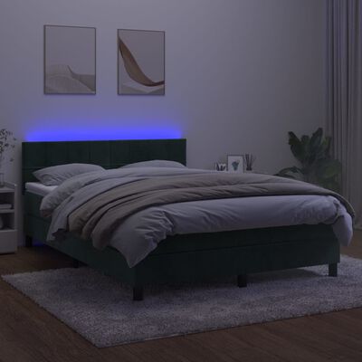 vidaXL sötétzöld bársony rugós és LED-es ágy matraccal 140x190 cm