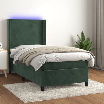 vidaXL sötétzöld bársony rugós és LED-es ágy matraccal 90x190 cm