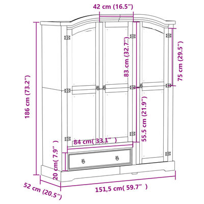 vidaXL fehér Corona tömör fenyőfa ruhásszekrény 151,5 x 52 x 186 cm