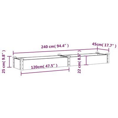 vidaXL barna tömör fenyőfa kerti magaságyás béléssel 240x45x25 cm