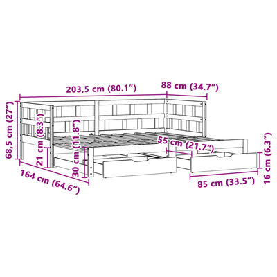 vidaXL fehér tömör fenyőfa kihúzható kanapéágy fiókkal 80x200 cm