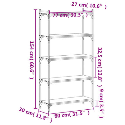 vidaXL 5 szintes fekete szerelt fa könyvespolc 80 x 30 x 154 cm