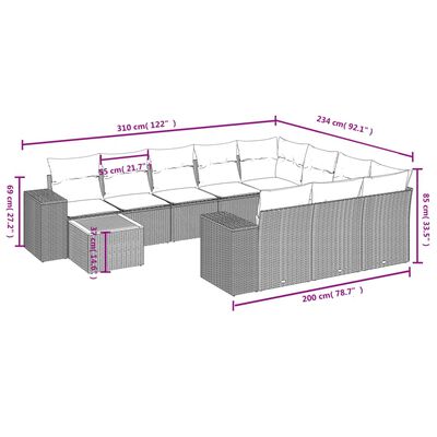 vidaXL 11 részes fekete polyrattan kerti ülőgarnitúra párnákkal