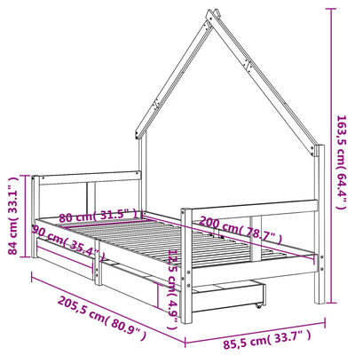 vidaXL fekete tömör fenyőfa gyerekágykeret fiókokkal 80 x 200 cm