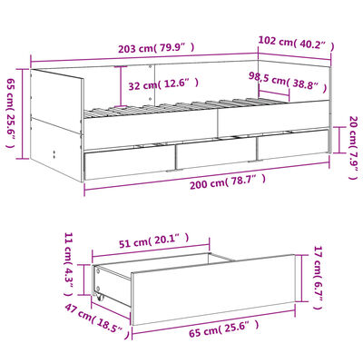 vidaXL szürke sonoma kanapéágy fiókkal matrac nélkül 100x200 cm