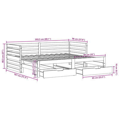 vidaXL fehér tömör fenyőfa kanapéágy fiókokkal 90 x 200 cm