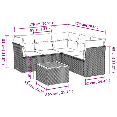 vidaXL 6 részes fekete polyrattan kerti ülőgarnitúra párnákkal