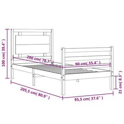 vidaXL szürke tömör fa ágykeret fejtámlával 90 x 200 cm